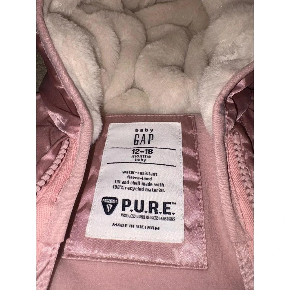 Baby Gap Pink Primaloft PURE Water Resistant Bear Ear Snowsuit Bunting 12-18M